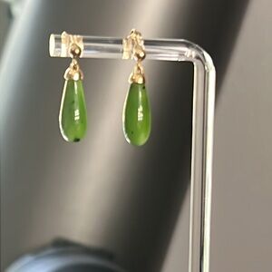 Genuine Green Jade Teardrop Earrings on 14K Gold Post Pierced Ears